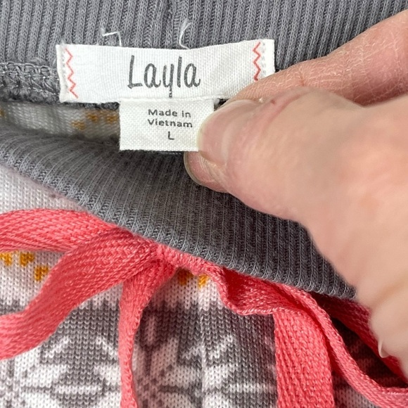 Layla Women’s Very Soft Coral & Grey Fair Isle Print Pajama Pants Size Large - Picture 5 of 7